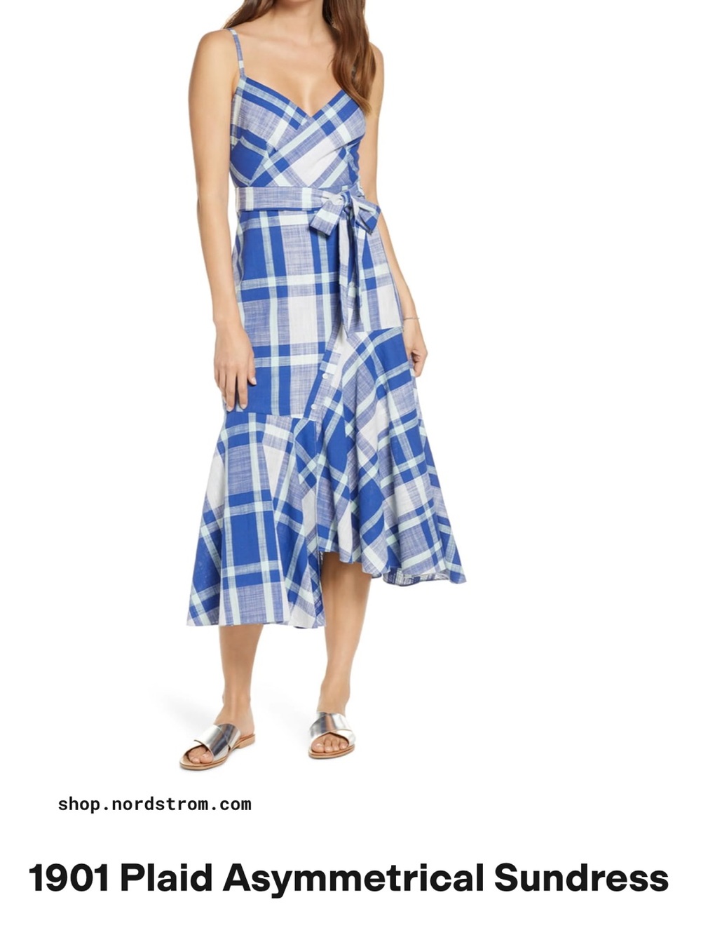 1901 Blue and White Plaid Asymmetrical Sundress with Tie Waist
